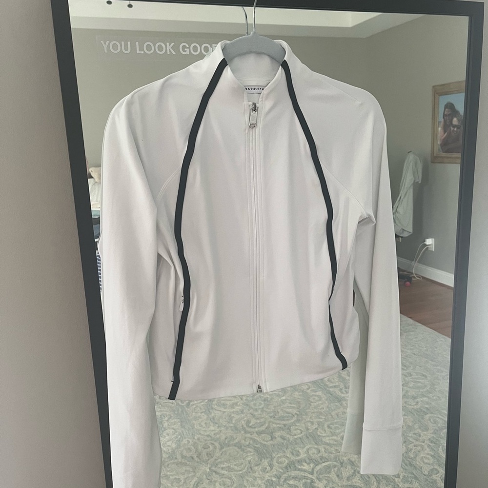 Athleta White Bomber Jacket with Black Trim
